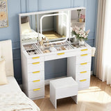 Fkhouse Glass Top Vanity Desk with Foldable Mirror and Lights, 11 Drawers Makeup Vanity with Charging Station, 3 Lighting Modes Dressing Table with Chair, White Fkhouse