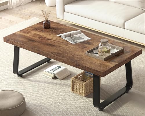 HSH Wooden Coffee Table, Industrial Rectangle Center Table, Modern Minimalist Coffee Table for Living Room, Farmhouse Wood and Metal Cocktail Tea Table for Bedroom Home Office, Rustic Brown, 47 in HSH