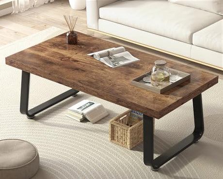 HSH Wooden Coffee Table, Industrial Rectangle Center Table, Modern Minimalist Coffee Table for Living Room, Farmhouse Wood and Metal Cocktail Tea Table for Bedroom Home Office, Rustic Brown, 47 in HSH