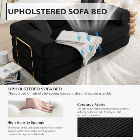 HANXIN 78 Inch Convertible Sleeper Sofa Bed, Folding Floor Mattress Couch with Fixed-Shape Frame, Futon Boneless Couch Lounge Loveseat with Pull Out Bed, No Assembly Required (Black) HANXIN