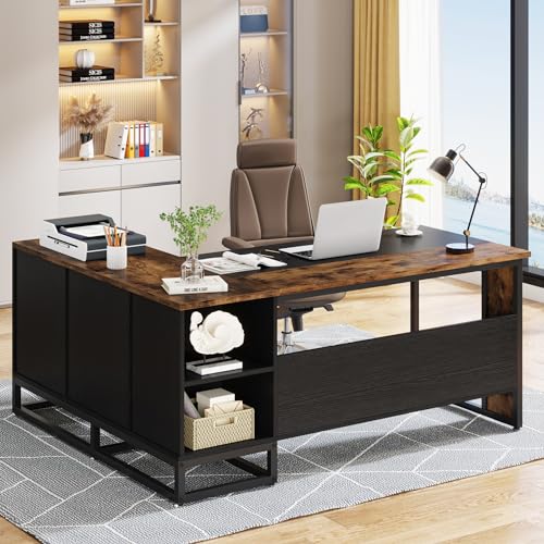 Tribesigns 63" L-Shaped Executive Desk, Large Office Desk with Drawers and Shelves, Rustic Long Business Furniture Desk with File Cabinet Storage Space, Home Office Workstation, Brown & Black - WoodArtSupply