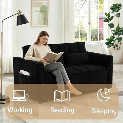 SUNPOKUILN 70" 3-in-1 Velvet Sleeper Sofa Bed, Convertible Pull Out Couch w/Adjustable Back, Armrests & Storage. Modern Black Futon for Living Room, Bedroom, Small Space - 2 Pillows Included Black SUNPOKUILN