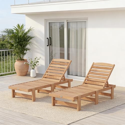 COSTWAY Solid Wood Chaise Lounge, Outdoor Lounge Chair with 5-Position Adjustable Backrest, Wooden Patio Lounger for Sunbathing, Yard, Teak Oil Finished (1)