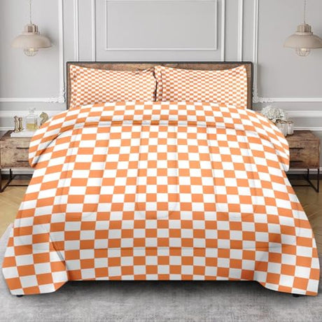 Checkered Geometric Plaid Dusty Orange Quilt Comforter Set Full Size, Minimalist Trendy Bauhaus Checkerboard Grid Soft Bedding Sets Comforter with 2 Pillowcases for Kids Adults Bedroom Bed Decor Nesphy