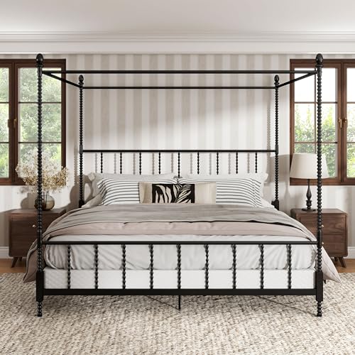 Furniture of America Vaeli Modern Metal King Size Four Poster Bed Frame with Spindles, Canopy Bedframe for Bedroom, Guest Room, Box Spring Required, Black
