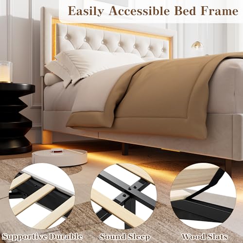 Garvee Floating Bed Frame Full Size with Smart Led Lights, Upholstered Platform Bed with Diamond Headboard, Solid Wood Slats Support, No Box Spring Needed, Noise-Free, Easy Assembly, White Garvee