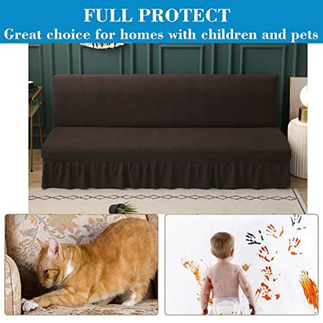 Stretch Armless Futon Cover with Skirt Knitted Jacquard Futon Sofa Bed Cover Machine Washable Futon Couch Cover Futon Sofa Cover Furniture Bed Protector with Elastic Bottom for Kids,Pets(Coffee) HFCNMY