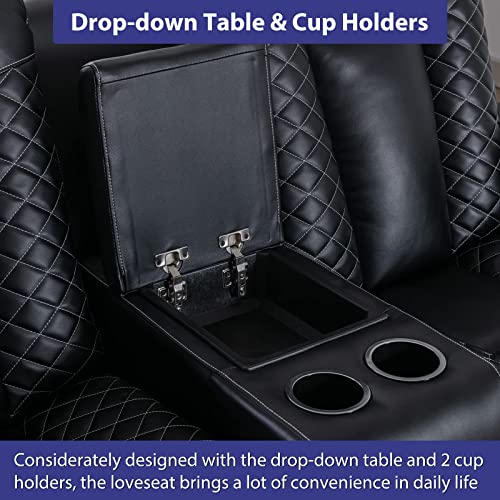 CANMOV Home Theater Seating, Electric Power Recliner Chairs with USB Ports and Cup Holders, Breathable Faux Leather Recliner Set with Hidden Arm Storage, Ambient Lighting (Row of 2, Black) CANMOV