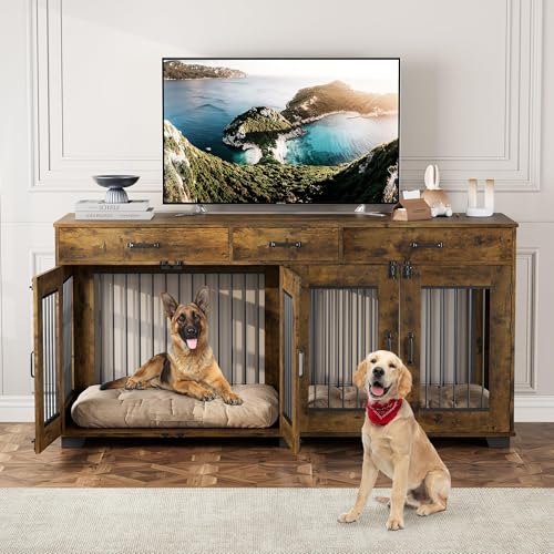 Dog Crate Furniture for 2 Dogs, 71'' XXL Indoor Dog Kennel with 3 Drawers and Removable Room Divider, Wooden Double Dog CrateTV Stand End Table with Double Doors for Large Medium Dogs, Brown GAOMON