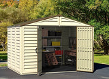 Duramax Woodbridge Plus 10.5 x 8 (8.02 m2) Plastic Garden Shed with 1 Fixed Window & Metal Foundation Kit, Strong Metal Roof Structure Fire Retardant and Maintenance-Free Storage Shed - Ivory/Brown DURAMAX