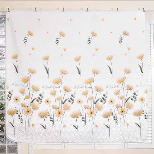 Dinjoy Quilt Set Queen Cute Floral Bedspread Coverlet Yellow Flower Quilts Microfiber Lightweight Summer Bedding Sets Reversible Soft Quilted Bed Cover for All Season(96"x90") Dinjoy