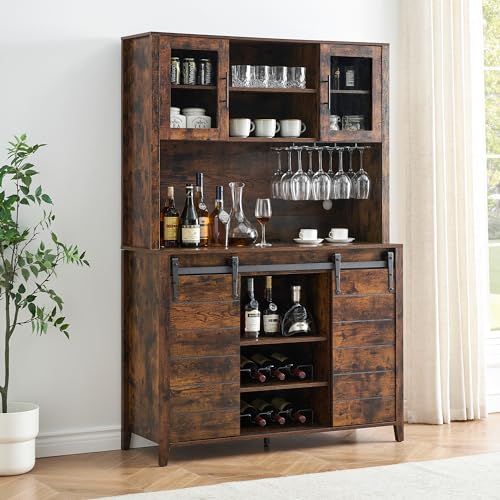 IDEALHOUSE Farmhouse Coffee Bar Cabinet with Sliding Barn Doors, 70'' Kitchen Hutch Cabinet with Storage, Wine&Glasses Rack, Tall Sideboard Buffet Cabinet for Kitchen, Dining Room, Brown IDEALHOUSE