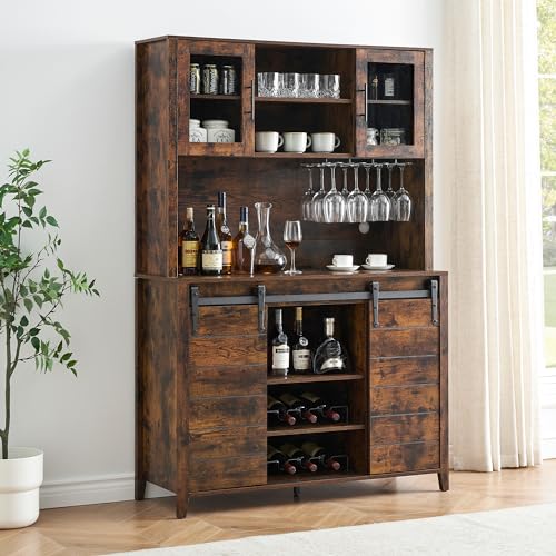 IDEALHOUSE Farmhouse Coffee Bar Cabinet with Sliding Barn Doors, 70'' Kitchen Hutch Cabinet with Storage, Wine&Glasses Rack, Tall Sideboard Buffet Cabinet for Kitchen, Dining Room, Brown - WoodArtSupply