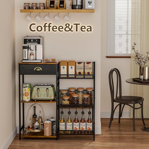 Rustic Brown Coffee Bar Cabinet with Drawer - 3-Tier Coffee Stand Station for Small Spaces Jakyitvi