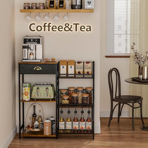 Rustic Brown Coffee Bar Cabinet with Drawer - 3-Tier Coffee Stand Station for Small Spaces