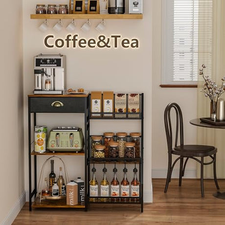 Rustic Brown Coffee Bar Cabinet with Drawer - 3-Tier Coffee Stand Station for Small Spaces Jakyitvi