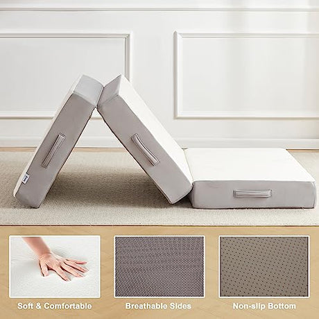 Lazyzizi Folding Mattress, 6 Inch Memory Foam Tri-fold Mattress with Breathable & Washable Bamboo Fiber Fabric Cover, Foldable Floor Guest Bed for Camping, Road Trip, Twin Lazyzizi