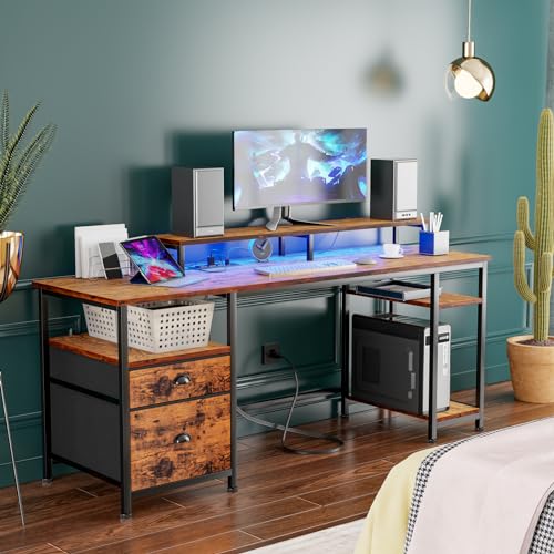 Furologee 61" Computer Desk with Power Outlet and USB Ports, Large Desk with Shelves and Drawer, Writing Study Desk with Fabric File Cabinet and Long Monitor Stand, Gaming Desk for Home Offic - WoodArtSupply