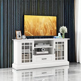 Tangkula Farmhouse TV Stand for TV up to 70 Inch, Tall Media Console Table with 2 Glass Doors, Entertainment Center with Cubbies & Drawer, Storage Cabinet or Sideboard Buffet for Living Room (White) Tangkula