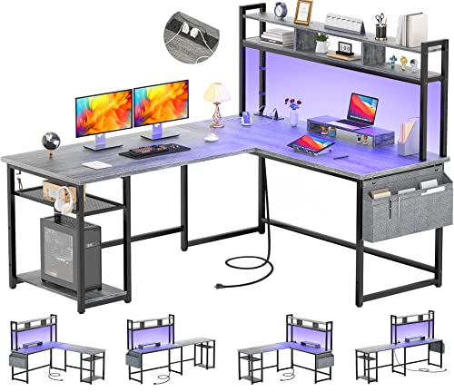 Aheaplus L Shaped Desk with Power Outlet & LED Strip, Reversible L-Shaped Corner Computer Desks Gaming Desk with Storage Shelf & Monitor Stand, Modern 2 Person Home Office Desk Writing Desk, White Oak