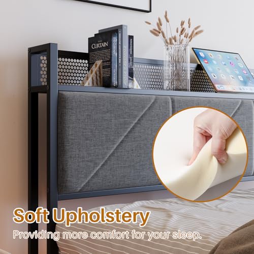 HOMERECOMMEND Full Size Bed Frame with LED Lights and Headboard Storage and Charging Station,Full Floating Bed Frame with Heavy Duty Metal Slats,Easy Assembly, Black and Gray HOMERECOMMEND