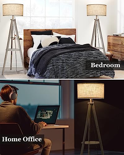 ELYONA Tripod Floor Lamp for Living Room Solid Wood Floor Lamp with Table - Farmhouse Shelf Tall Reading Standing Light with Drum Shade for Bedroom, Office, Study Room, 9W LED Bulb Included,  - WoodArtSupply