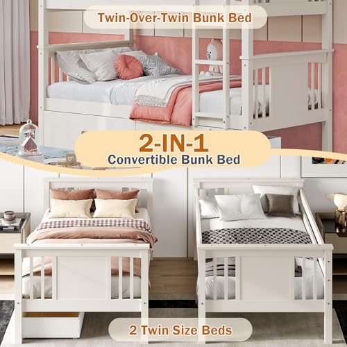 FUQARHY Bunk Bed Twin Over Twin with Storage Drawers, White Convertible Wood Twin Bunk Beds with Ladder and Safety Guardrail, No Box Spring Needed (White) FUQARHY