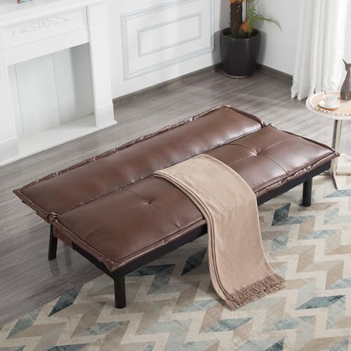 Brown Faux Leather Sofa Bed with Full Size Futon Frame, Convertible Reclining Couch with Tufted Backrest, Compact Sleeper Loveseat for Living Room, Guest Room, or Office – 64.6” (PU Leather, Brown) LIMNGZMEENN