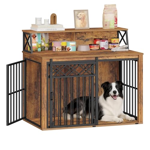 Hzuaneri 39.4'' Dog Crate Furniture, Large Wooden Dog Crate with Storage and 3 Doors, Indoor Kennel for Medium/Large Dogs, End Table with Barn Door, Chew-Proof and Escape-Proof, Rustic Brown DFC87401B Hzuaneri