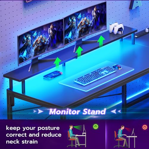 SEDETA L Shaped Gaming Desk, 51" Computer Desk with Storage Shelves, Gamer Desk with Power Outlets & LED Lights, Fabric Drawer, Monitor Stand and Hooks, Black - WoodArtSupply