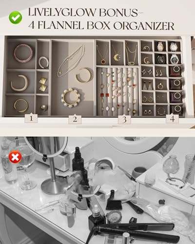 LIVELYGLOW Vanity Desk with Mirror and Lights, Makeup Vanity with Drawer & Storage Shelves, Cabinet, 3 Lighting Modes Adjustable Brightness, Bedroom Dressing Table, White LIVELYGLOW