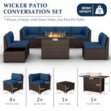 VONZOY 8 Pieces Outdoor Patio Furniture Set with 44" Fire Pit Table Rattan Sectional Conversation Sets w/Gas Fire Pit, Coffee Table, 2 Waterproof Covers, Navy Blue VONZOY