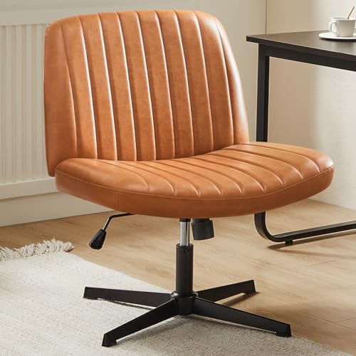 Sweetcrispy Criss Cross Chair Legged, Armless Office Wide Desk Chair No Wheels, PU Leather Swivel Vanity Height Adjustable Fabric Modern Computer Task Seating for Home - Brown Sweetcrispy