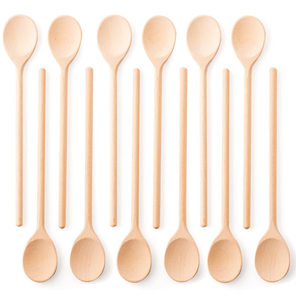 Mr.Woodware 10 Inch Wooden Spoons for Cooking - Set of 12 Long Handle Wooden Spoon for Mixing, Stirring, Tasting - Kitchen Wooden Utensils For Cooking and Crafts, Personalized Engraved Wood Burning