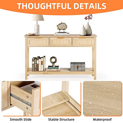 LAZZO Rattan Console Table Boho Entryway Table Narrow Long Sofa Table Hallway Foyer Table Behind Couch Table with 3 Drawers and Open Storage Shelf for Living Room and Corridor Natural Wood LAZZO
