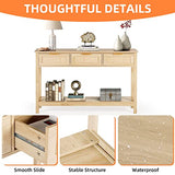 LAZZO Rattan Console Table Boho Entryway Table Narrow Long Sofa Table Hallway Foyer Table Behind Couch Table with 3 Drawers and Open Storage Shelf for Living Room and Corridor Natural Wood LAZZO