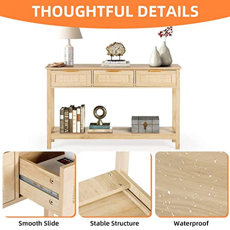 LAZZO Rattan Console Table Boho Entryway Table Narrow Long Sofa Table Hallway Foyer Table Behind Couch Table with 3 Drawers and Open Storage Shelf for Living Room and Corridor Natural Wood LAZZO