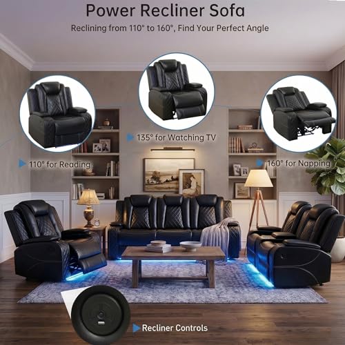 ELDANISH 2-Piece Leather Power Recliner Sofa Set for Living Room with USB Ports,LED Ambient Lighting & Storage Console,Modern Ergonomic Sectional Couch,Home Theater Seating (1Loveseat+1 Sofa,Black)