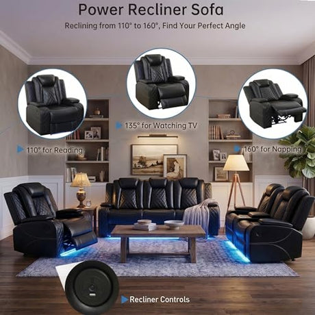 ELDANISH 2-Piece Leather Power Recliner Sofa Set for Living Room with USB Ports,LED Ambient Lighting & Storage Console,Modern Ergonomic Sectional Couch,Home Theater Seating (1Loveseat+1 Sofa,Black) ELDANISH