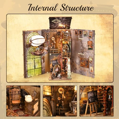 TOYQI Book Nook Kit, Book Nook Kits for Adults, DIY Miniature Dollhouse Kit 3D Wooden Puzzle Booknook Bookend with LED Light