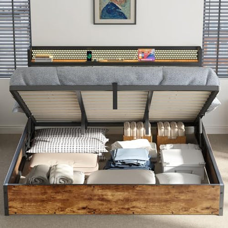 AMERLIFE King Size Lift Up Bed Frame with Linen Upholstered & LED Light & Storage Headboard, Platform Bed Frame with Charging Station, No Box Spring Needed, Noisy Free, Rustic Brown AMERLIFE