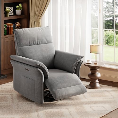 IDEALHOUSE Power Recliner Chair, 270 °Swivel Rocking Glider with USB Charging Port, Chenille Upholstered Fabric and Double-Layer Armrests, Nursery Chair for Living Room, Nursery(Gray)