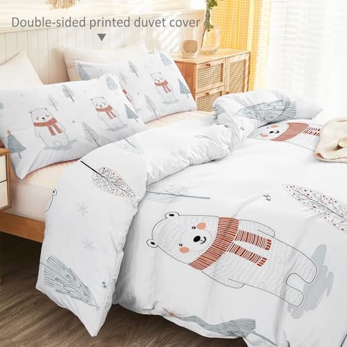 Aesthetic Duvet Cover Set White - Single 3-Piece Double-Sided Printed Bedding with Minimalist Bear Cartoon Design, Ultra-Soft Microfiber Quilt Cover with Zipper for a Calm Generic