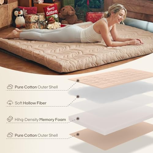 ZonLi Japanese Floor Mattress Futon Mattress Queen Size, Thicken Roll Up Tatami Mat w/ 100% Cotton Washable Cover, Portable & Foldable Floor Bed Mattress for Sleeping, Dormitory, Adult Kids, Coffee ZonLi
