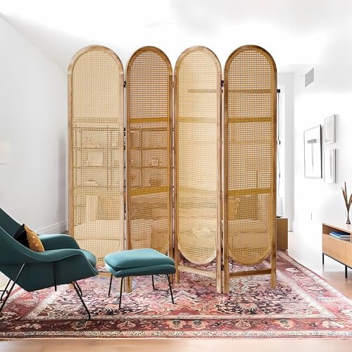 Aletheiawu 4 Panel Room Divider, 5.6 Ft Foldable Wood Room Divider Screen, Hand-Woven Rattan Folding Privacy Screens with Double Hinges, Wall Divider for Room Separation Bedroom Home Office - Natural Aletheiawu