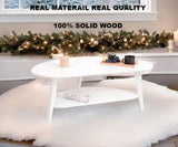 NAVREX Mid Century Modern Coffee Table with Storage Shelf, Oval Coffee Tables for Living Room 100% Solid Bamboo Wood Coffee Table Fireproof Table Circle Round Center Table (White) NAVREX