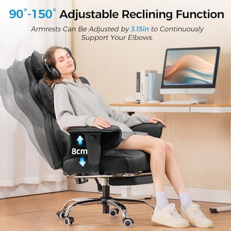 COMHOMA Big and Tall Office Chair 400LBS Wide Ergonomic Fabric Deluxe Embossing Designed Gaming Chair with Foot Rest,150°Reclining Adjustable Armrests Pocket Spring Back Support and Pillow COMHOMA