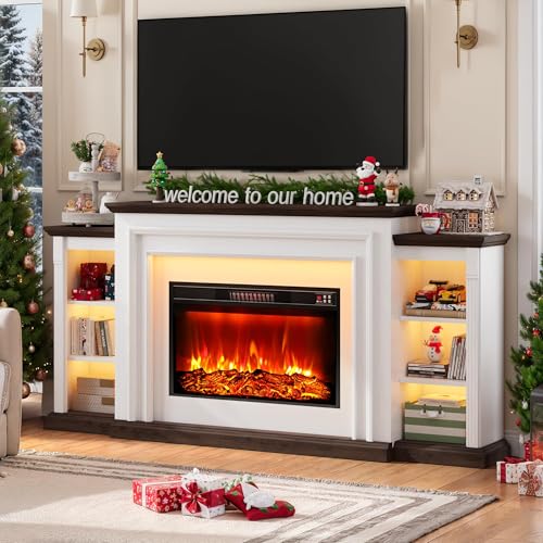 YANSNWO 80" Modern Electric Fireplace TV Stand for TVs Up to 90", Entertainment Center with Mantel, Freestanding Heater, Adjustable Flame, Remote Control, LED Light, Stylish Storage for Living Room YANSNWO