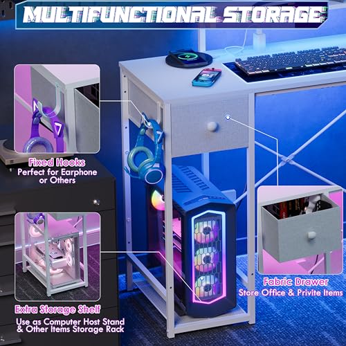 X-cosrack 33.5" Small Gaming Desk with LED Lights & Power Outlets, Compact Computer Desk with Monitor Stand & CPU Stand, Gamer Table with Storage Drawer, Side Hooks for Home Office, Bedroom, White X-cosrack