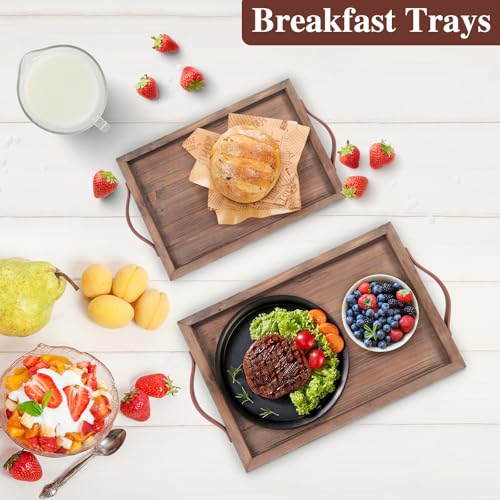 Geevon 2 Set Rustic Wooden Serving Tray with Handles, Large Wooden Ottoman Tray, Nesting Trays for Serving Food, Coffee Table, Stylish Farmhouse Decor Serving Trays, Brown Geevon